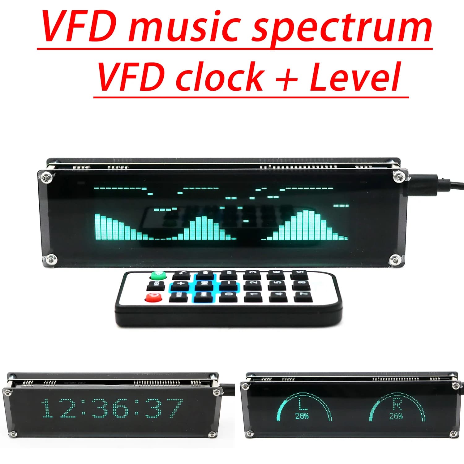 Display VFD per Spettro Musicale, Orologio VFD, Misuratore di Livello Audio VU, Pickup MIC, Luce Atmosferica Ritmica, Billboard Scorrevole AUX per Auto