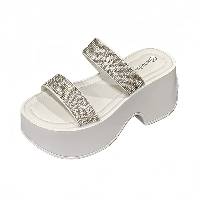 Black Platform Sandal 8cm Chunky Heeled Sandals White Rhinestones Summer Slippers Woman High Heels Silver Shoes Small Size 34