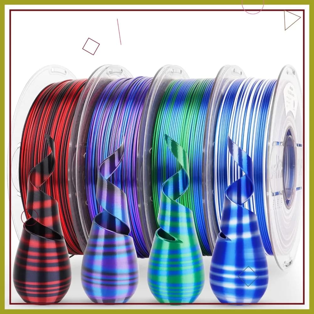 Filamento per Stampante 3D in PLA Seta, Confezione Multicolore Arcobaleno da 1,75mm, Cambio Colore Rapido, 4 Bobine x 1KG