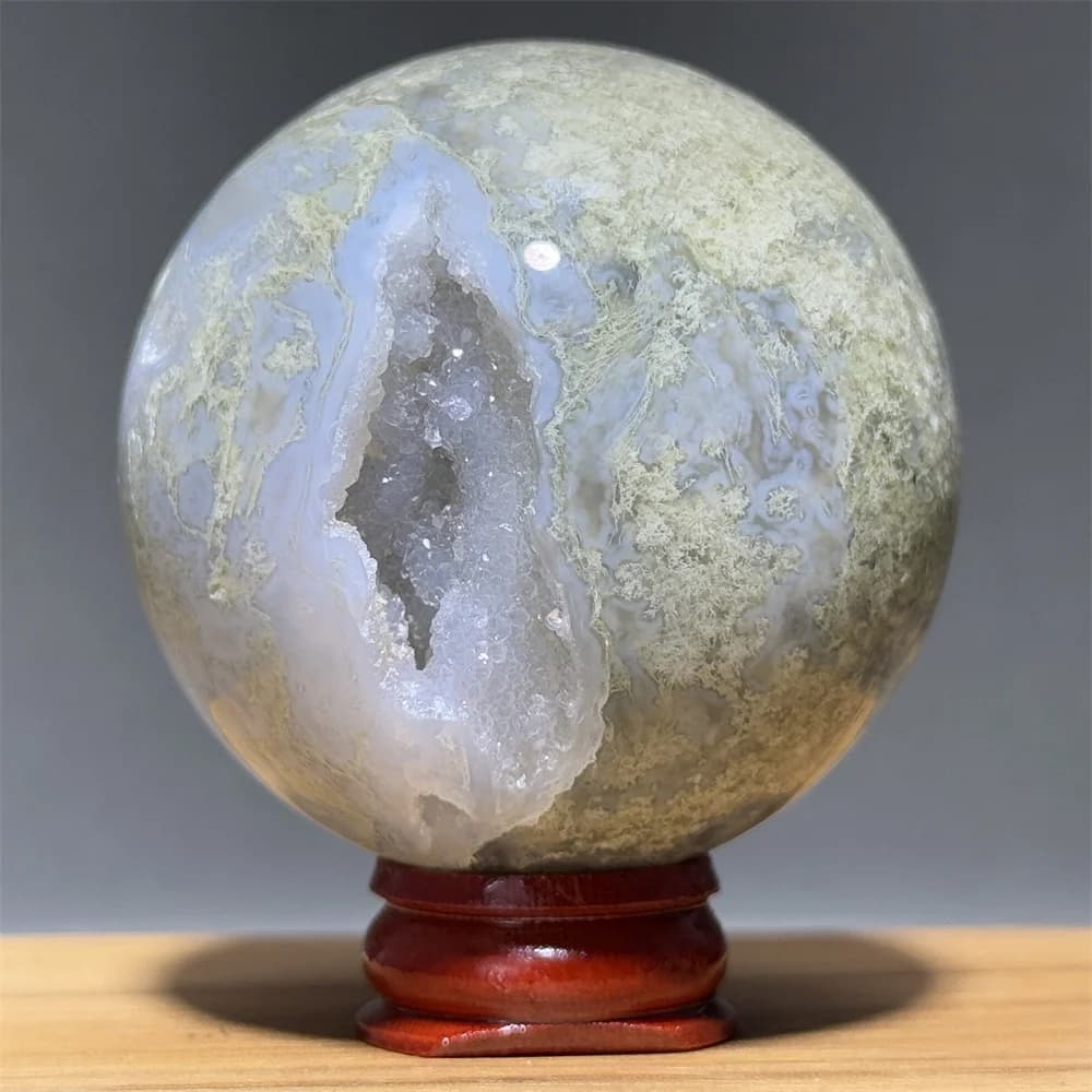 Natural Mineral Quartz Moss Agate Crystal Ball Home Feng Shui Lucky Ornaments Reiki Healing Spiritual Meditation Gem+Base