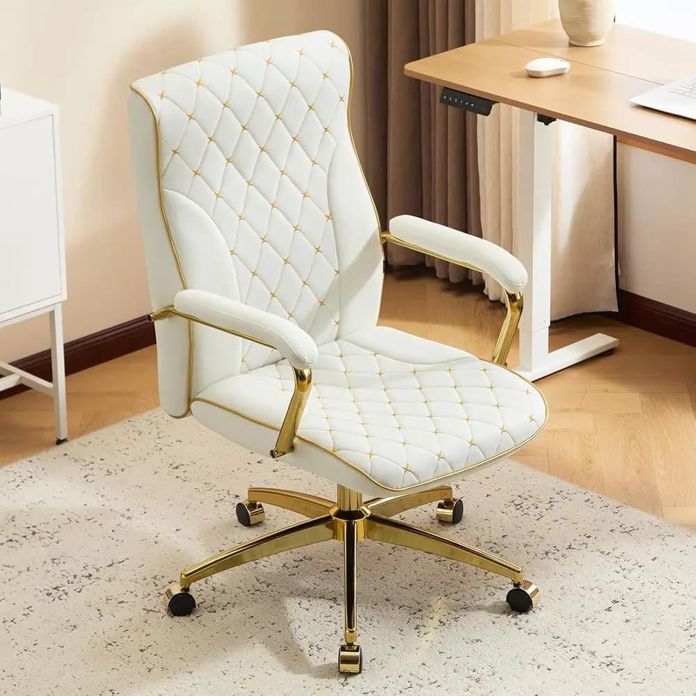Sedia da ufficio bianca e oro, sedie da scrivania in vera pelle, sgabello da toeletta regolabile con quattro gambe e braccioli imbottiti, ergonomica