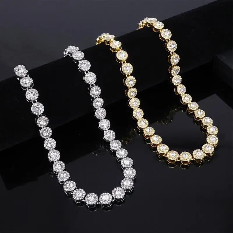 Nuovo set di bracciale e collana con strass rotondi e brillanti, stile hip hop, per donna e uomo, idea regalo.