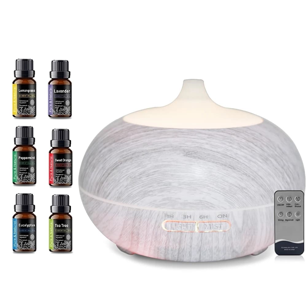 2025 Nuovo stile diffusore di design a venature del legno con 6 oli essenziali Umidificatore per aromaterapia da 550 ml - Telecomando e LED a 7 colori