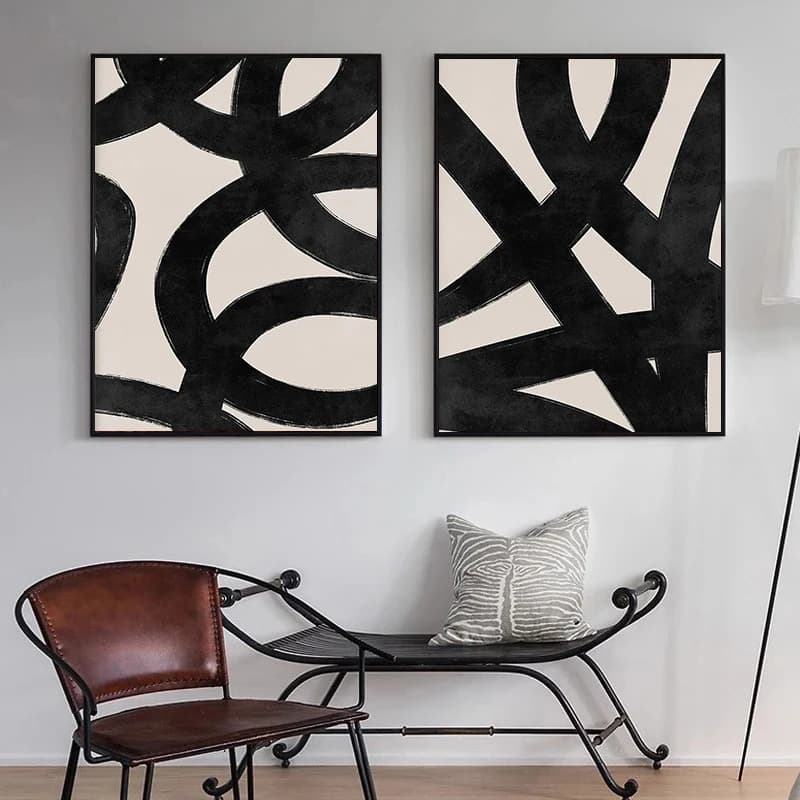 Modern Beige Black Lines Brush Strokes Poster Abstract Canvas Painting Minimalist Art Prints Nordic Wall Art Pictures Home Decor