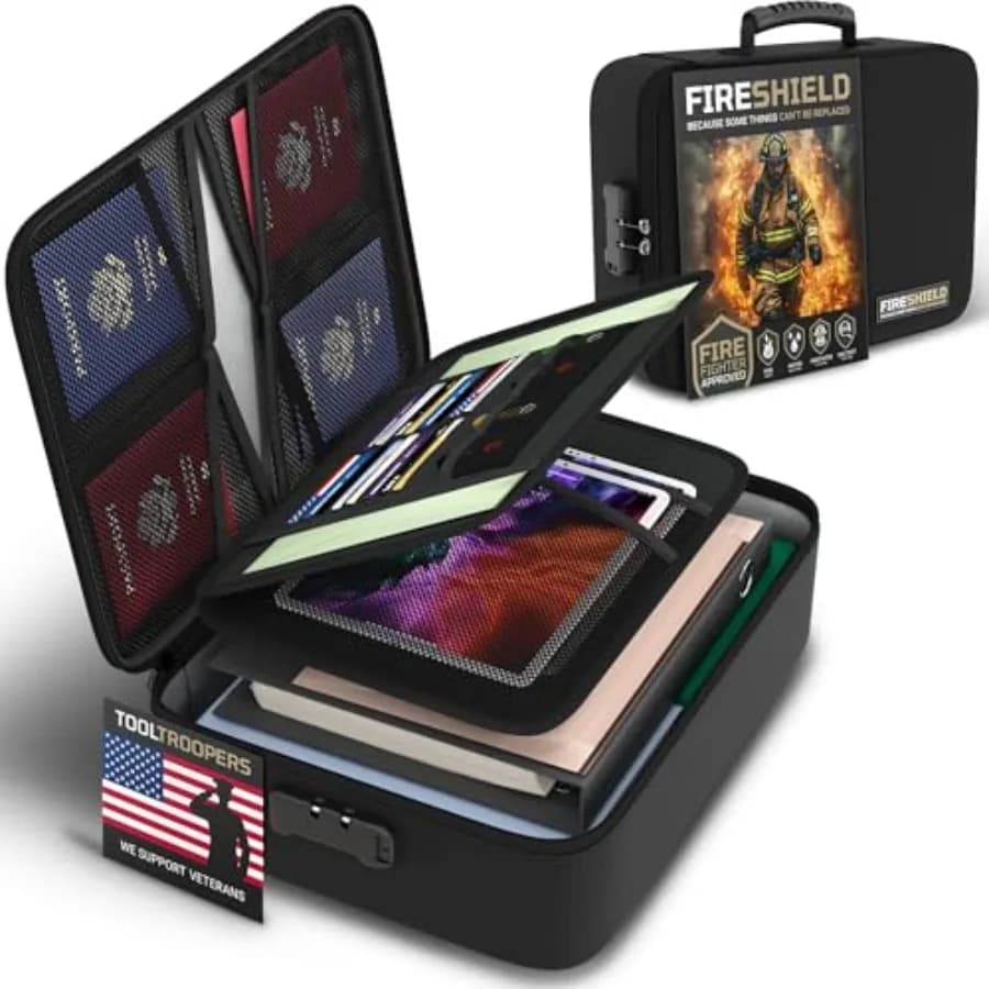 FIRESHIELD PRO 5200 ° Cassetta Portadocumenti Ignifuga con Serratura, Organizzatore Resistente al Fuoco con Tasche per Laptop, Tablet e Carte, Resistente all'Acqua