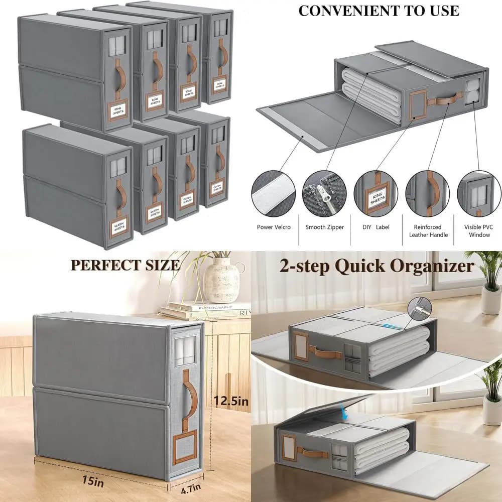 King & Queen Size Folding Sheet Organizers with Linen and Window Fabric - Grigie Storage Boxes