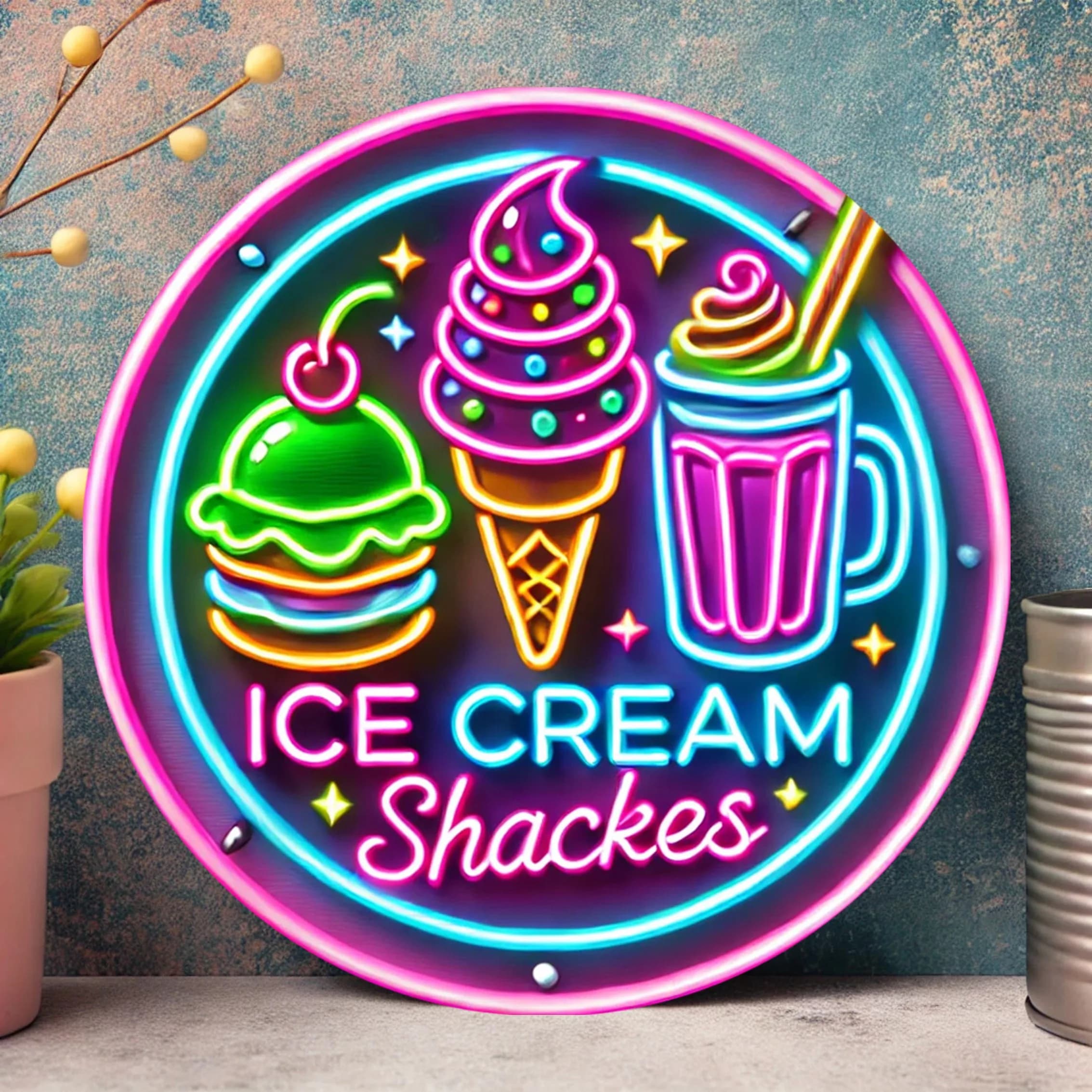 Insegna in legno con disegni colorati di gelati e milkshake - vivace insegna decorativa in stile neon con scritta 'ice cream hut'.