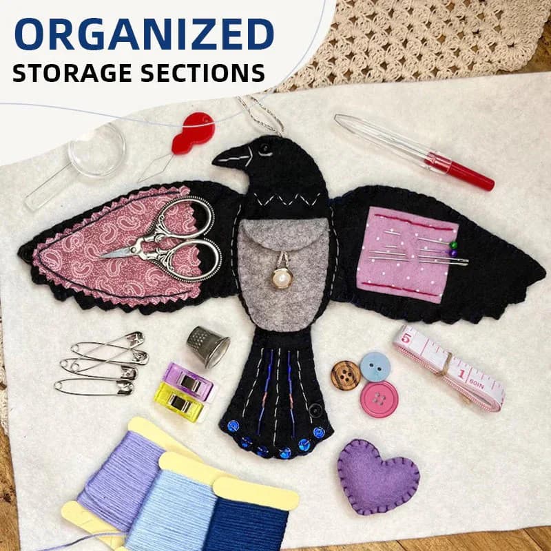Kit di Strumenti per Cucito Fatti a Mano con Design Corvo Nero, per Casa e Campeggio, Forbici, Bottoni, Aghi, Accessori Carini per Riparazioni di Vestiti e Pantaloni