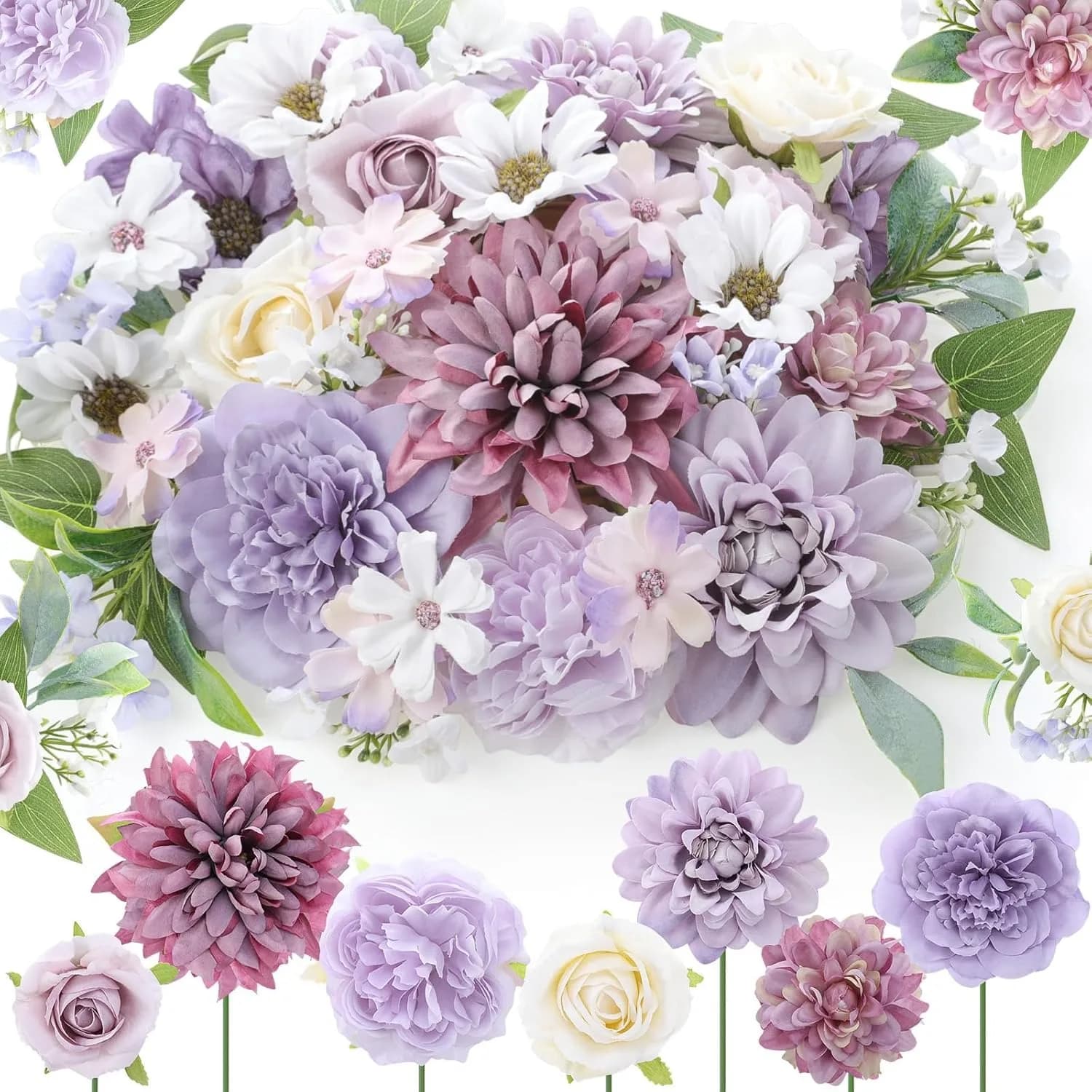 42 pezzi di fiori artificiali di rosa, foglie di fiori finti di seta, gambo per la decorazione della stanza di casa, decorazione di nozze, ghirlanda fai da te, accessori per regali