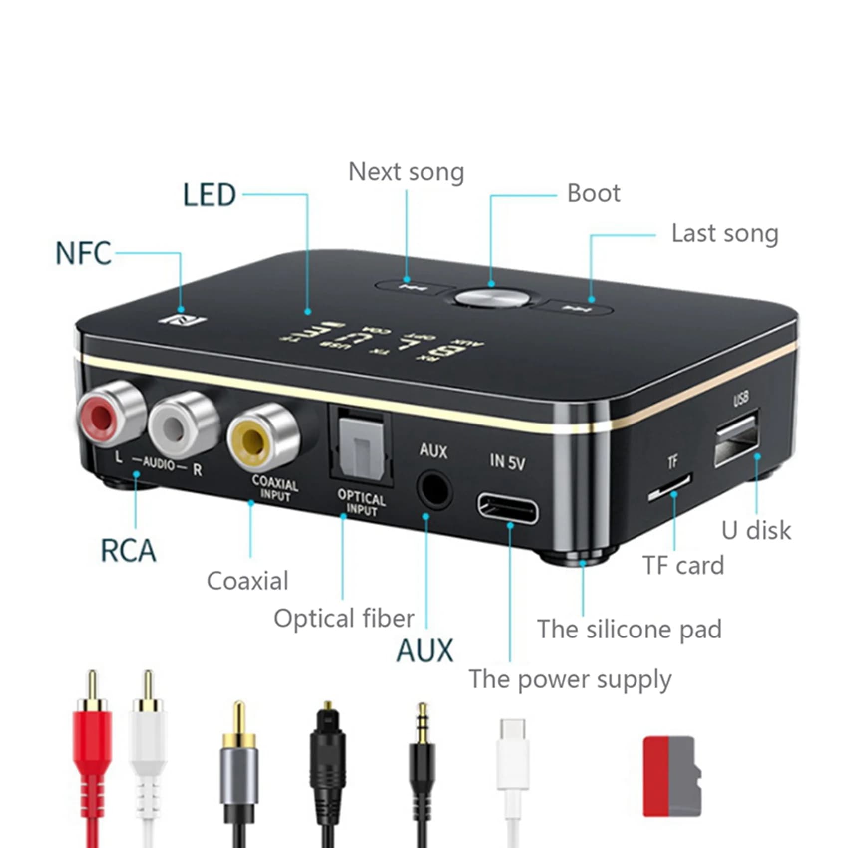 Trasmettitore ricevitore audio Bluetooth 5.0 T36C M8 APTXLL Adattatore wireless per musica AUX da 3,5 mm con microfono NFC per altoparlanti TV per auto