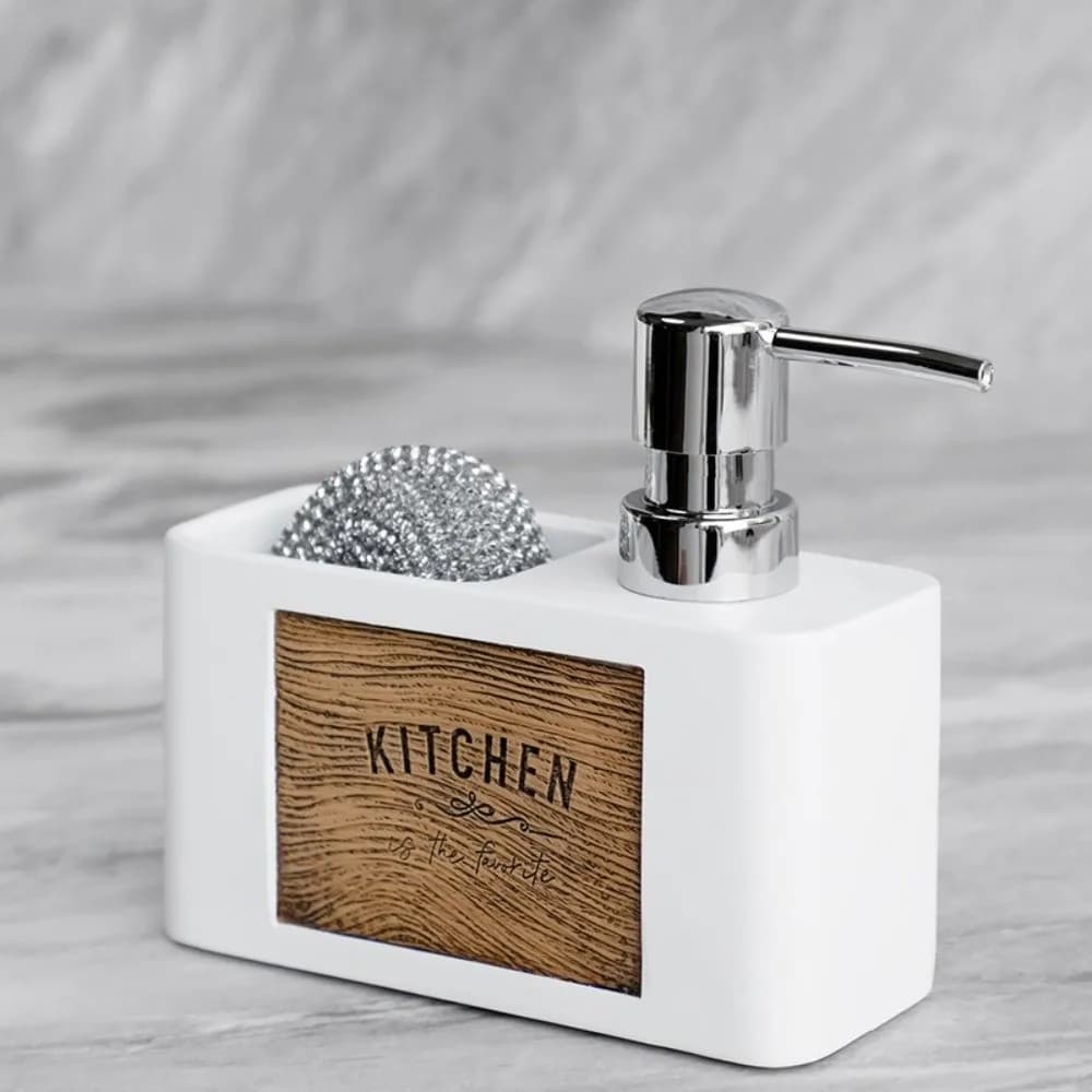 Press Type Kitchen Soap Dispenser with Sponge Holder Wood Grain Manual Soap Pump Refillable Bathroom Hand Wash Bottle