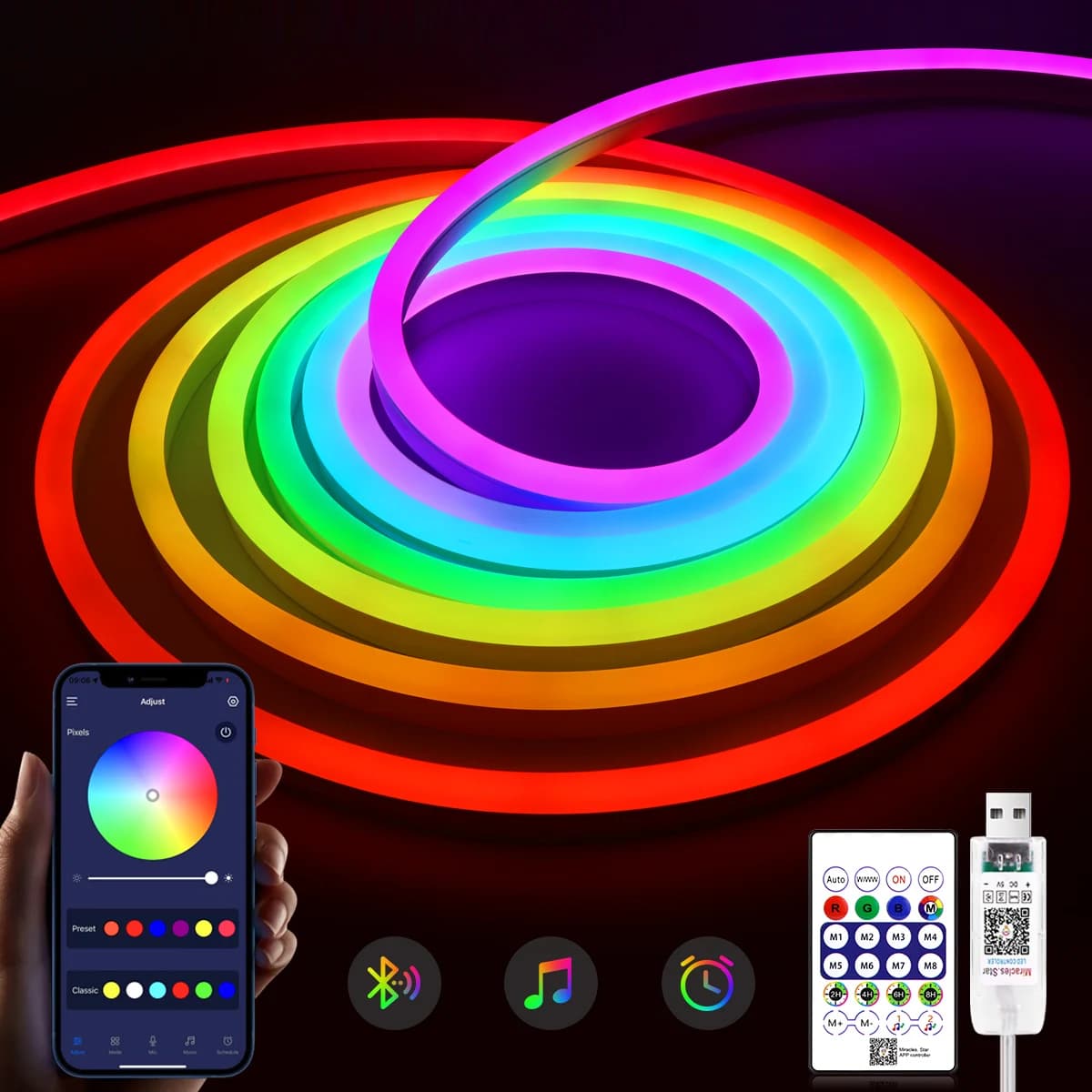 Striscia LED Neon RGBIC Smart WiFi/Bluetooth da 5/10M, Luci a Corda USB con Colori Sognanti e Effetto Inseguimento, Lampada d'Atmosfera per Decorazione Camera da Letto