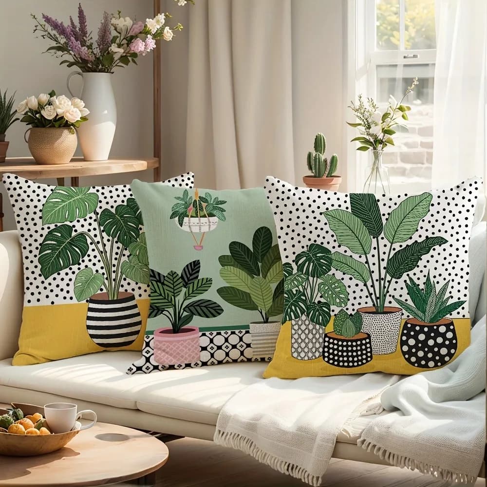 Fodera per cuscino in poliestere stampata con motivi vegetali, federa 45x45 cm, motivo Monstera Cactus a pois, per divano e decorazioni per la casa