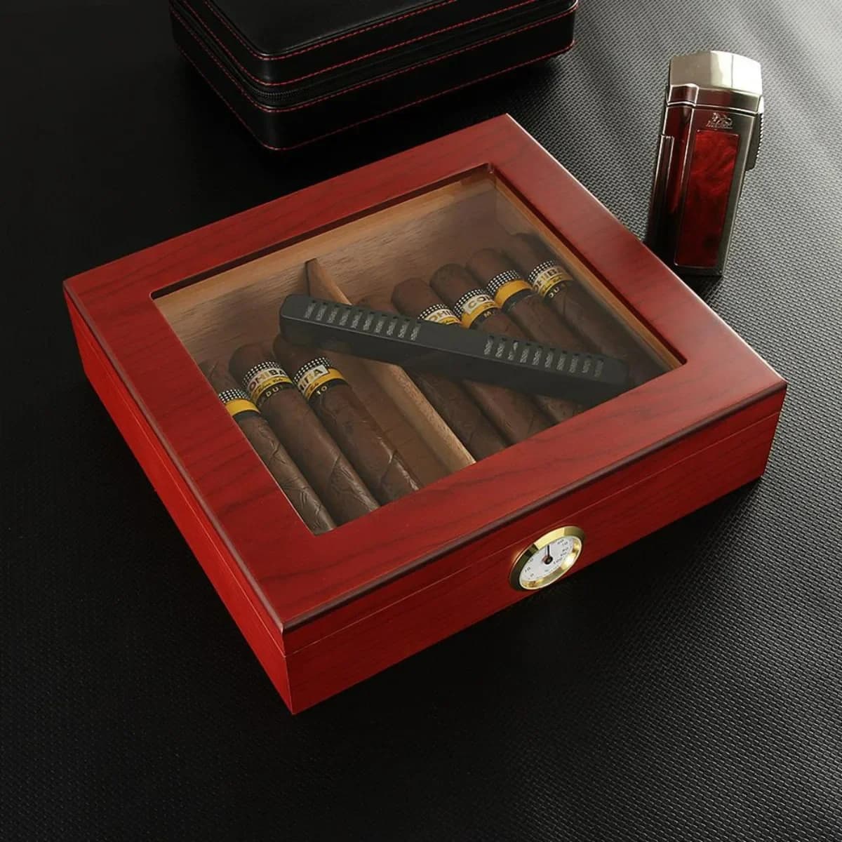 Scatola per umidificatore da viaggio per sigari in legno di cedro Custodia per sigari portatile Umidificatore Igrometro Umidificatore per sigari Scatola per sigari