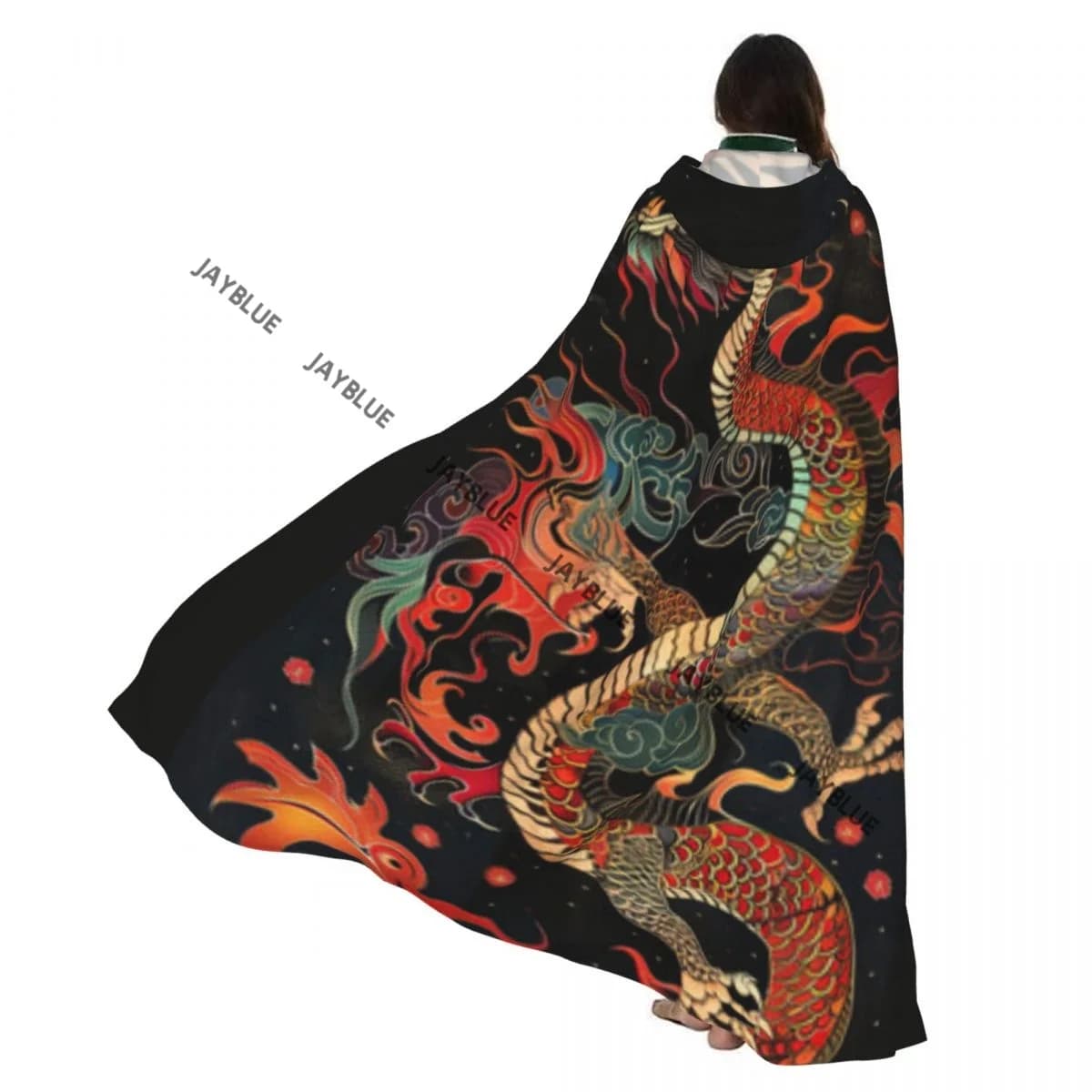 Unisex Witch Party Reversible Hooded Adult Vampires Cape Cloak Dragon With Fire Pattern