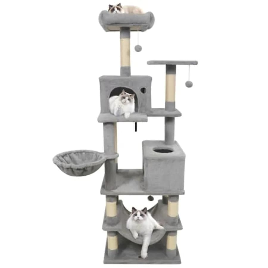 66 Inch Tall Cat Tree, Multi-Level Cat Tower with Sisal Scratching Posts, Side Basket, 2 Comfy Condos, Hammock, Soft Padded Top