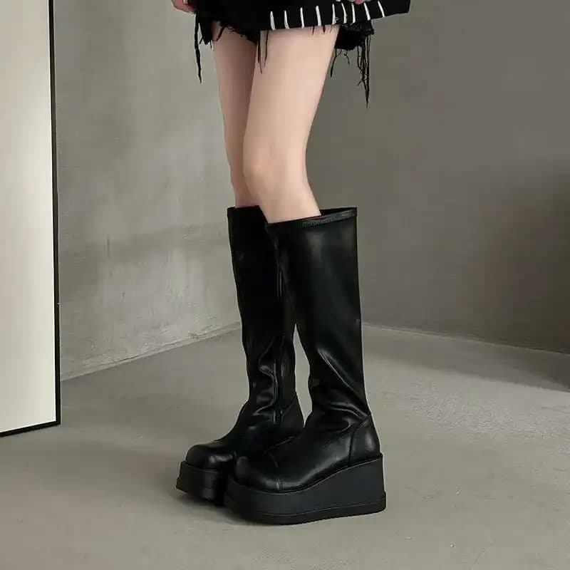 High Boots Women Round Head Mid Heel PU Leather Women's Boots High Sleeve Long Western Boots
