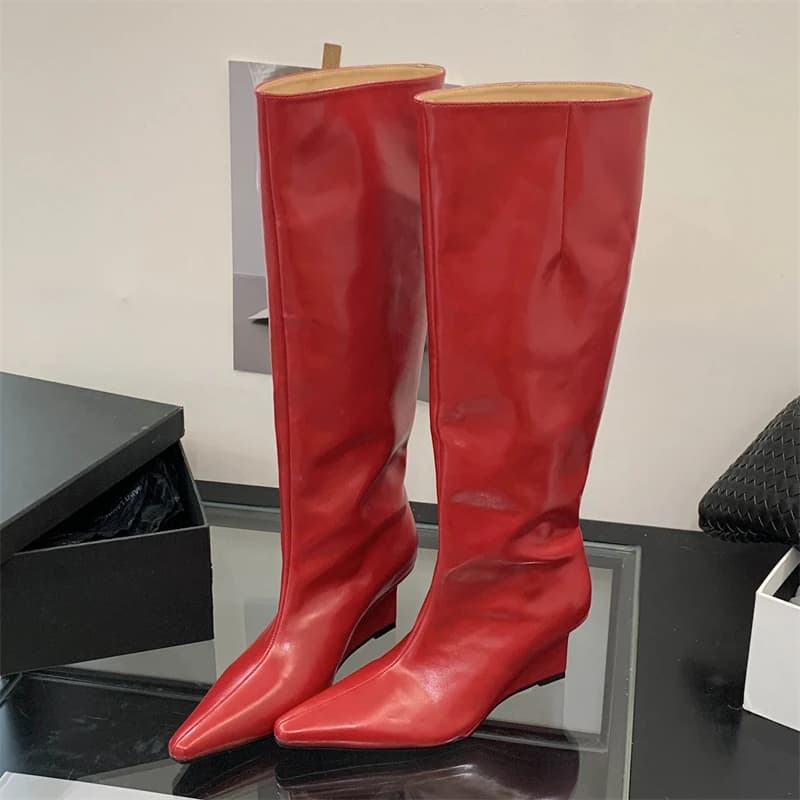Aneikeh Nuovo Design Zeppe Tacchi Donna Stivali al ginocchio Scarpe da donna Autunno Inverno Punta a punta Stivaletti lunghi moderni