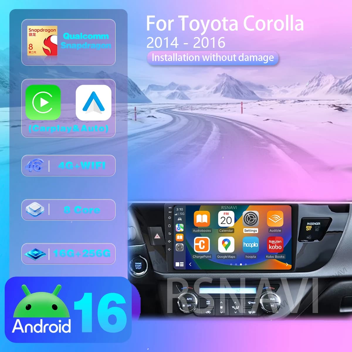 Android 16 per Toyota Corolla 2014-2016, Carplay Auto Plug and Play, schermo Qualcomm 2K QLED, autoradio con GPS, DSP wireless.