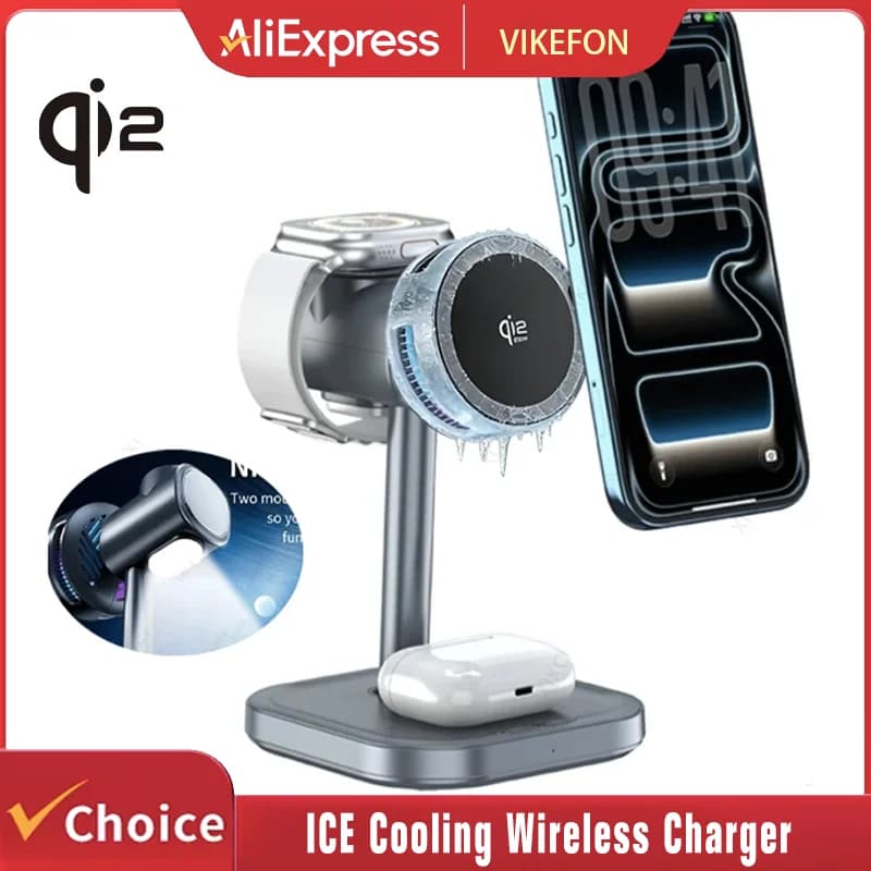 Caricatore Wireless Magnetico Rotante con Raffreddamento ICE, Ricarica Rapida per iPhone 17 16 15 14 13 Pro Max, Apple Watch 2-8, Airpods