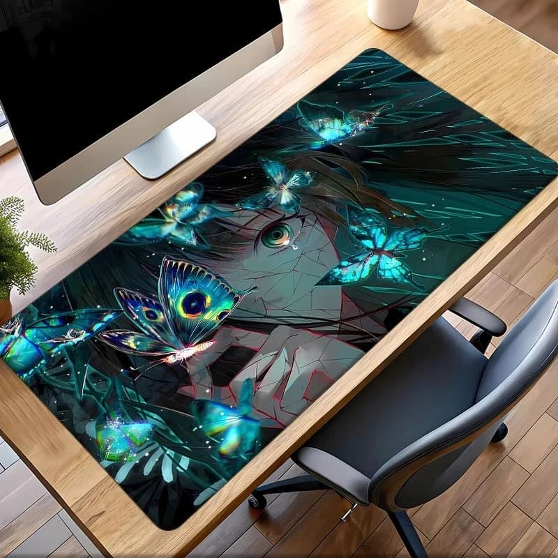Gaming Mouse Pad, Large Desk Mat, Anti-slip, Stitched Edges, Peacock Butterfly Girl Print, Keyboard Pad for Gaming & Home Use