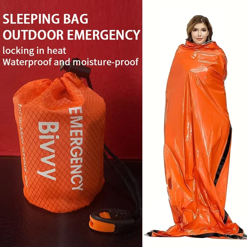 Sacco a pelo di emergenza portatile impermeabile per sopravvivenza, attrezzatura da campeggio EDC per esterni, sacco termico, kit di pronto soccorso, coperta in mylar