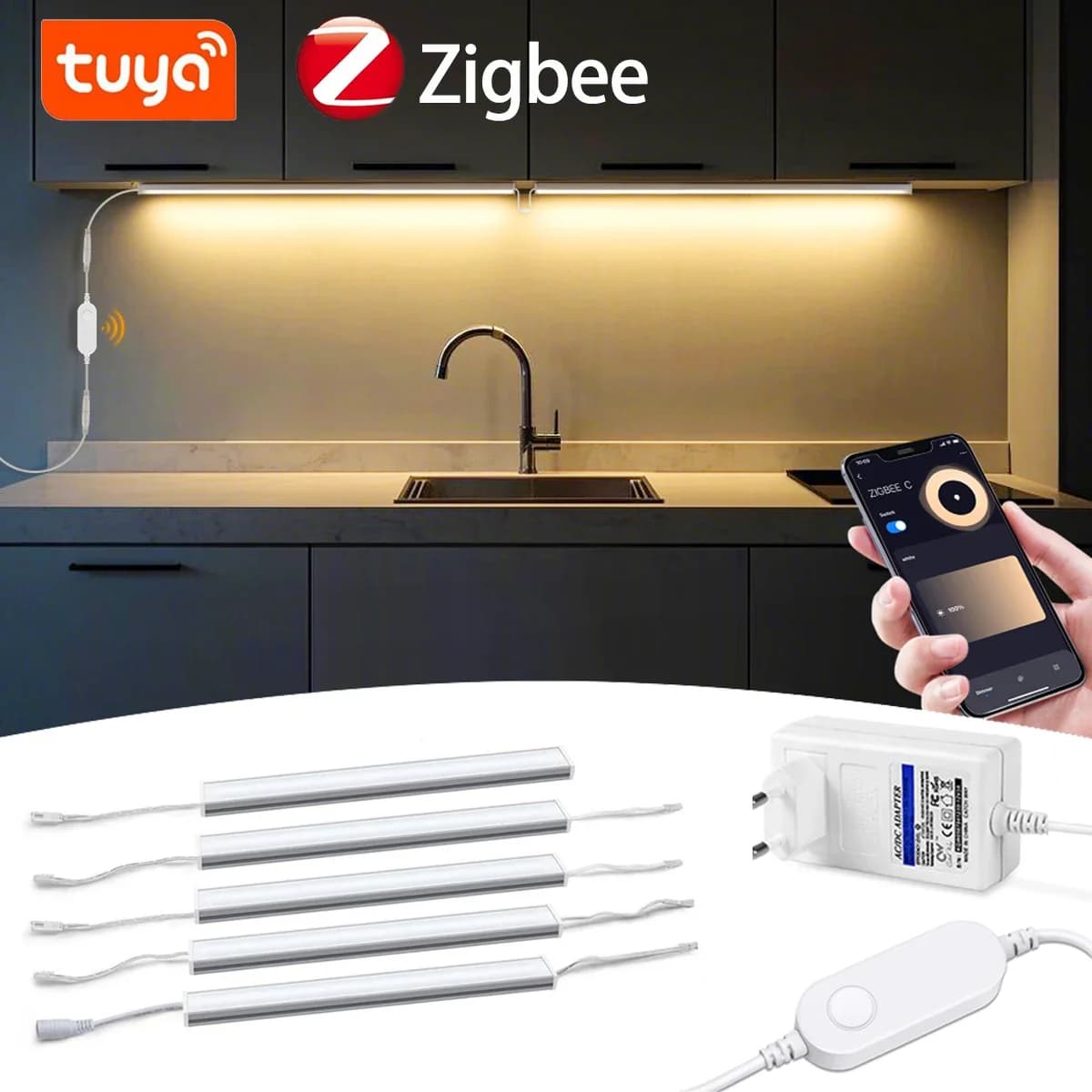 Lampada LED Smart Zigbee per Sottopensile, Barra Luminosa 12V Compatibile con Alexa, Google Assistant e App Tuya, Illuminazione Notturna per Arredamento Casa