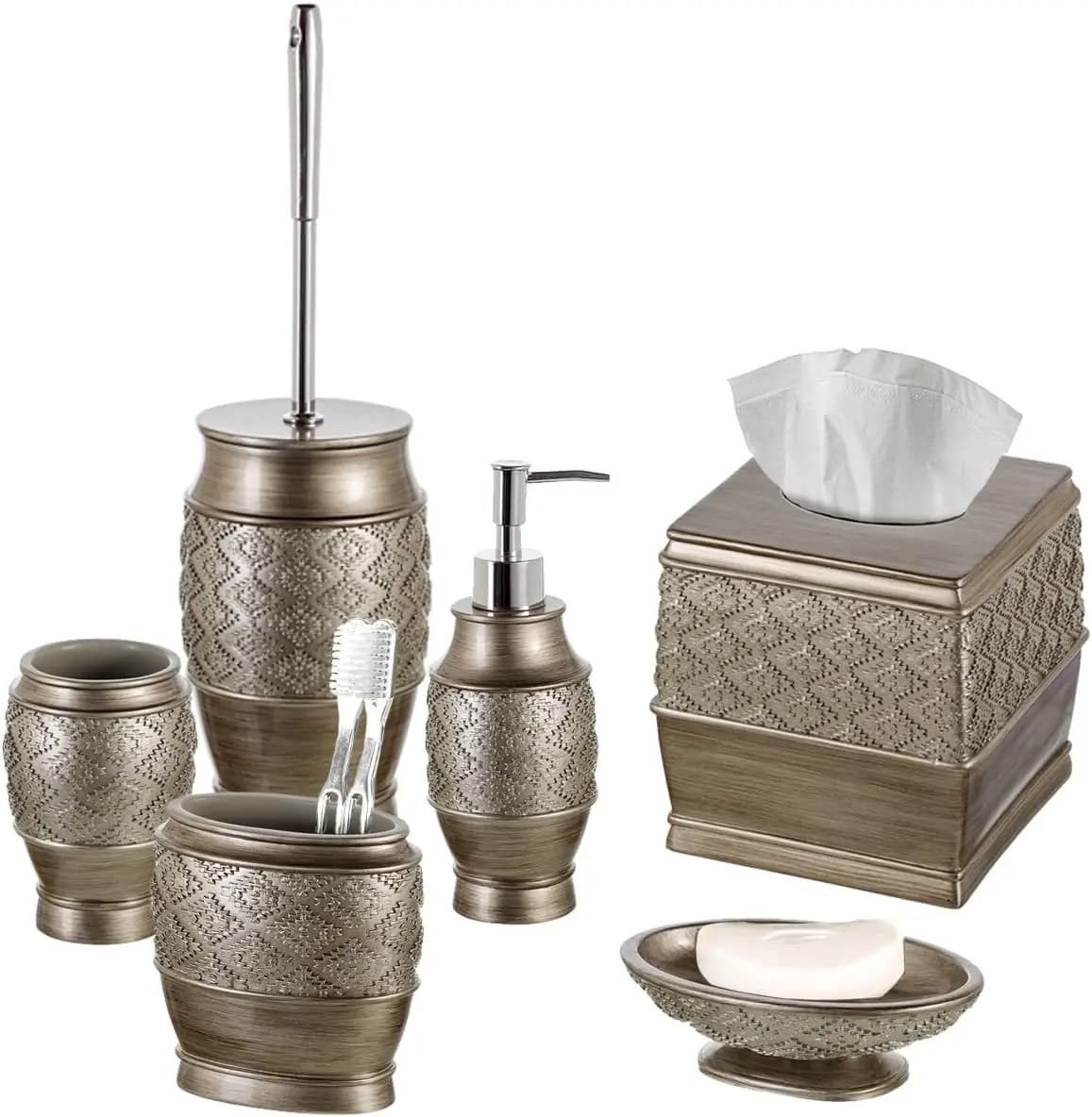 Set Bagno 6 Pezzi in Argento Spazzolato con Scopino WC, Portarotolo, Porta Accessori, Dispenser, Bicchiere e Portasapone