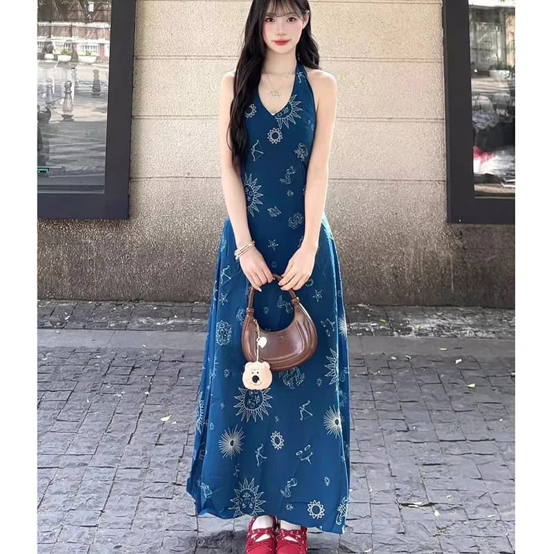 Abiti Estivi da Donna 2026, Vestito Blu Senza Maniche con Scollo a V, Stile Vintage per Vacanze
