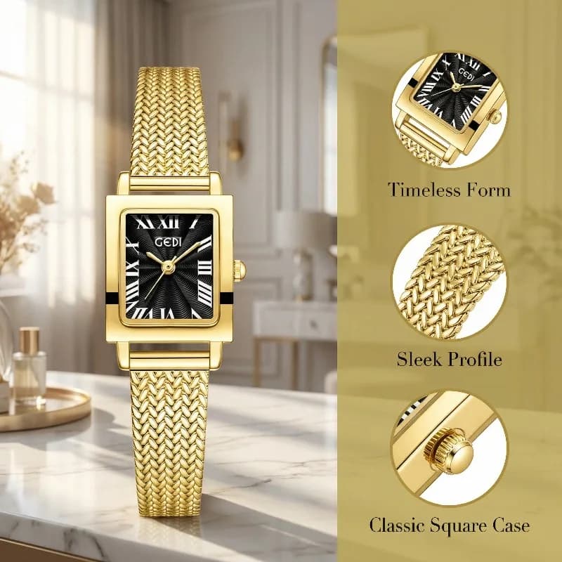 Women's Watch Simple Rectangular, Vintage Luxury, Golden Quartz, with Stainless Steel Strap, Elegant and Fashionable