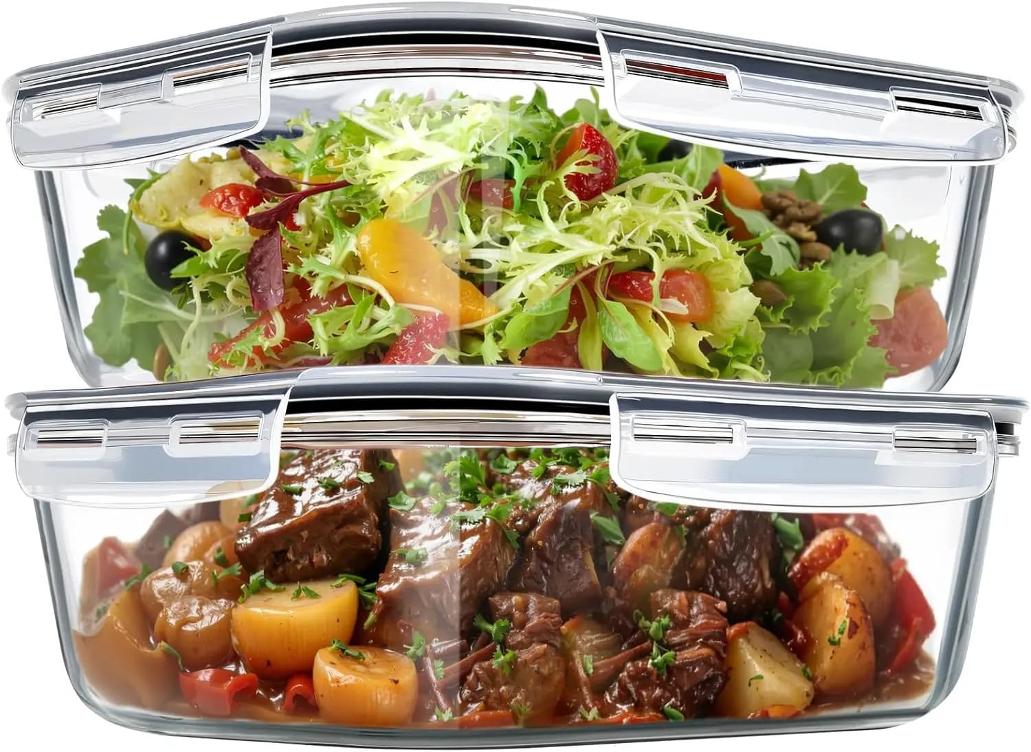 Set di 2 Contenitori in Vetro da 2,25 Litri con Coperchi Ventilati, Contenitori per Alimenti da 9,5 Tazze per Preparazione Pasti, Lu