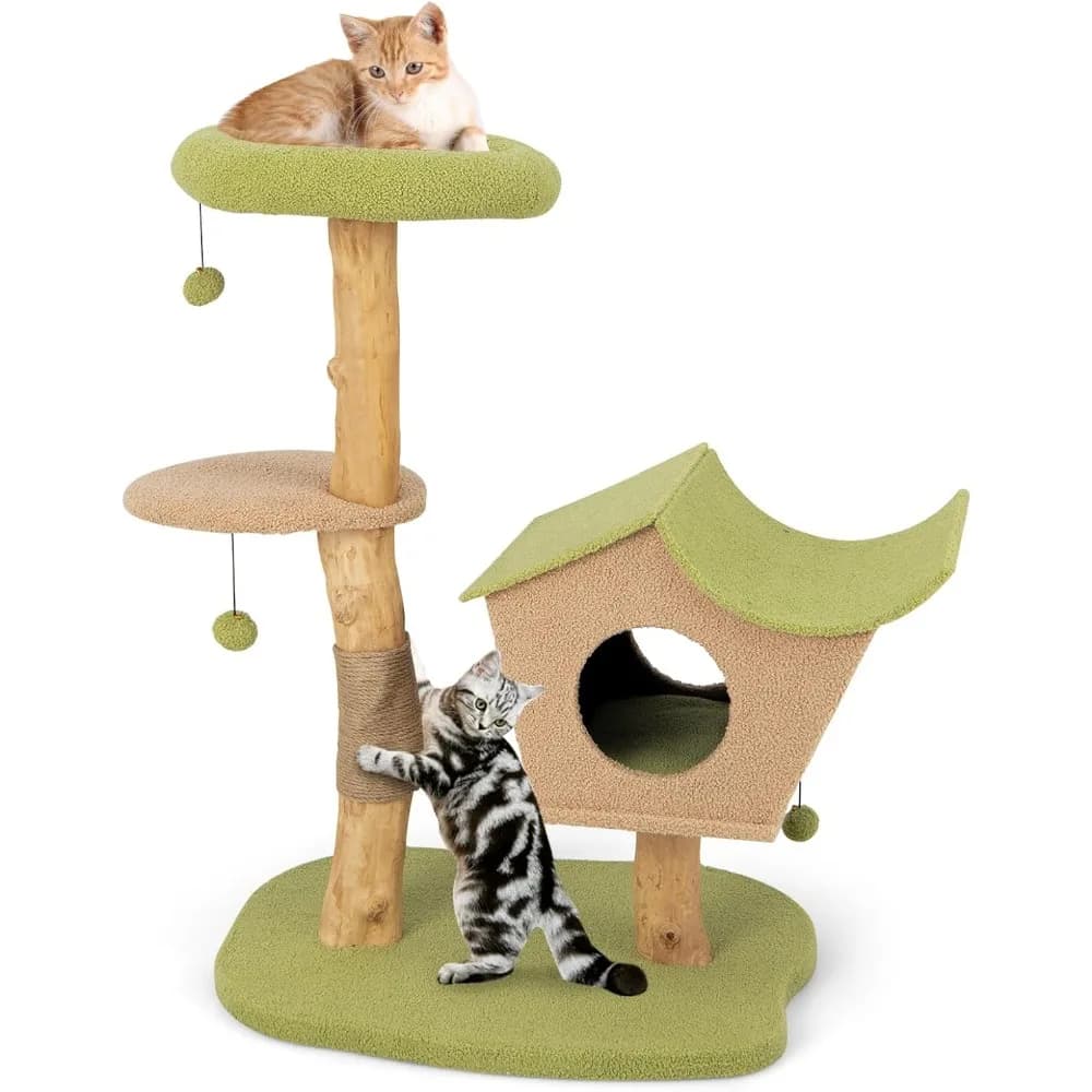Albero per gatti Tangkula, torre per gatti in legno massello con tiragraffi in iuta, condominio per gatti, pesce persico, palla Jingling