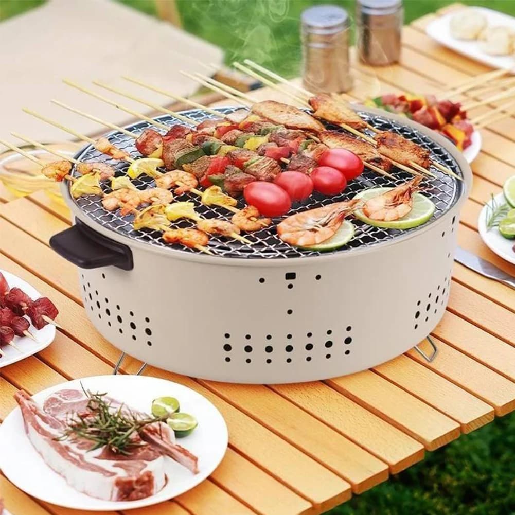 Round Barbecue Stove with Grill Net Portable Barbecue Grill Round Non-stick Barbecue Rack for Home Party Outdoor Camping