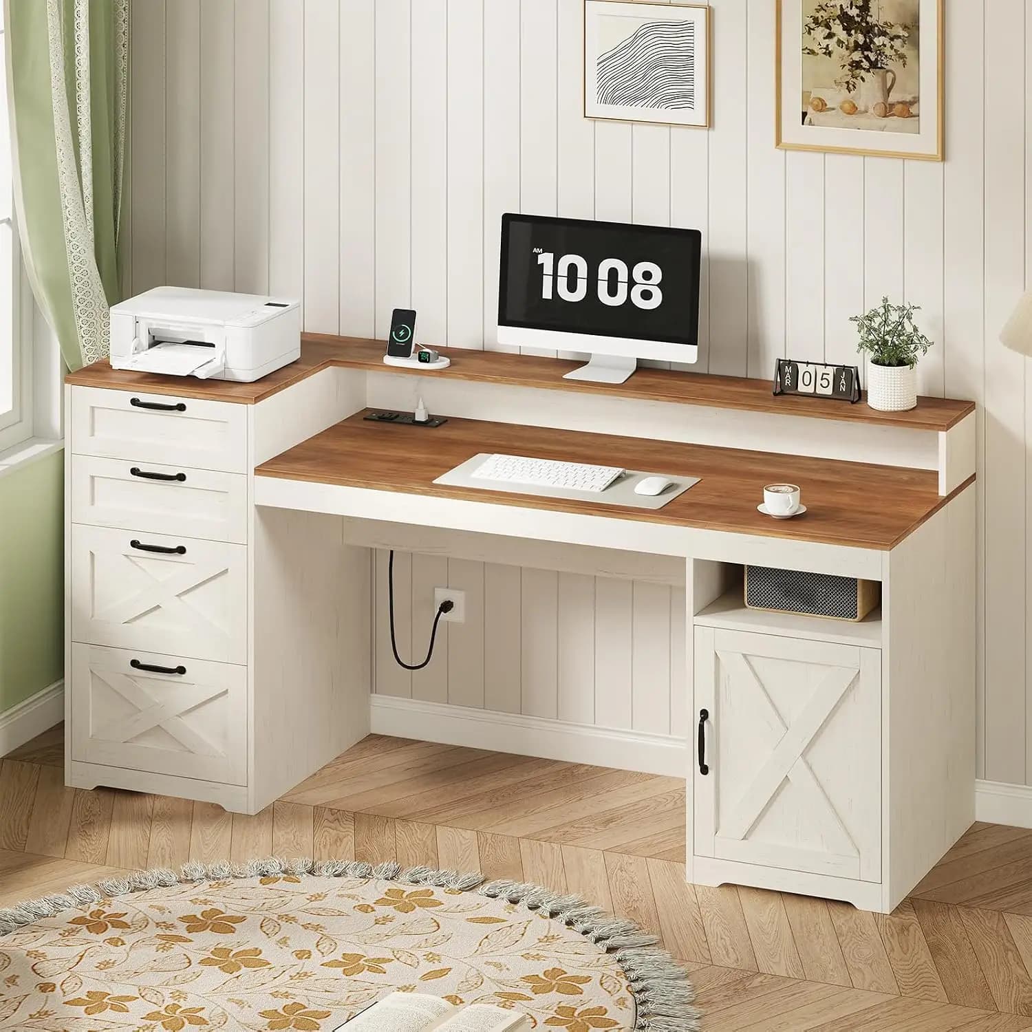 63" Farmhouse Desk with 4 Drawers, Printer Shelf, Monitor Stand, Power Outlets for Home Office, White, Customized