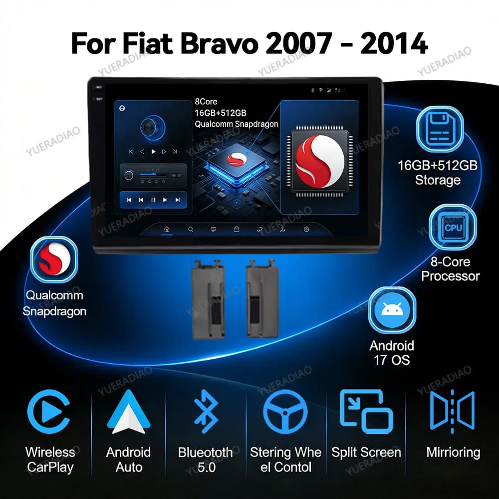 Android 17 Car Radio For Fiat Bravo 198 2 II 2007 - 2014 BT GPS NAVI 4G LTE 5G WIFI Qualcomm Multimedia Stereo Video Player 2DIN