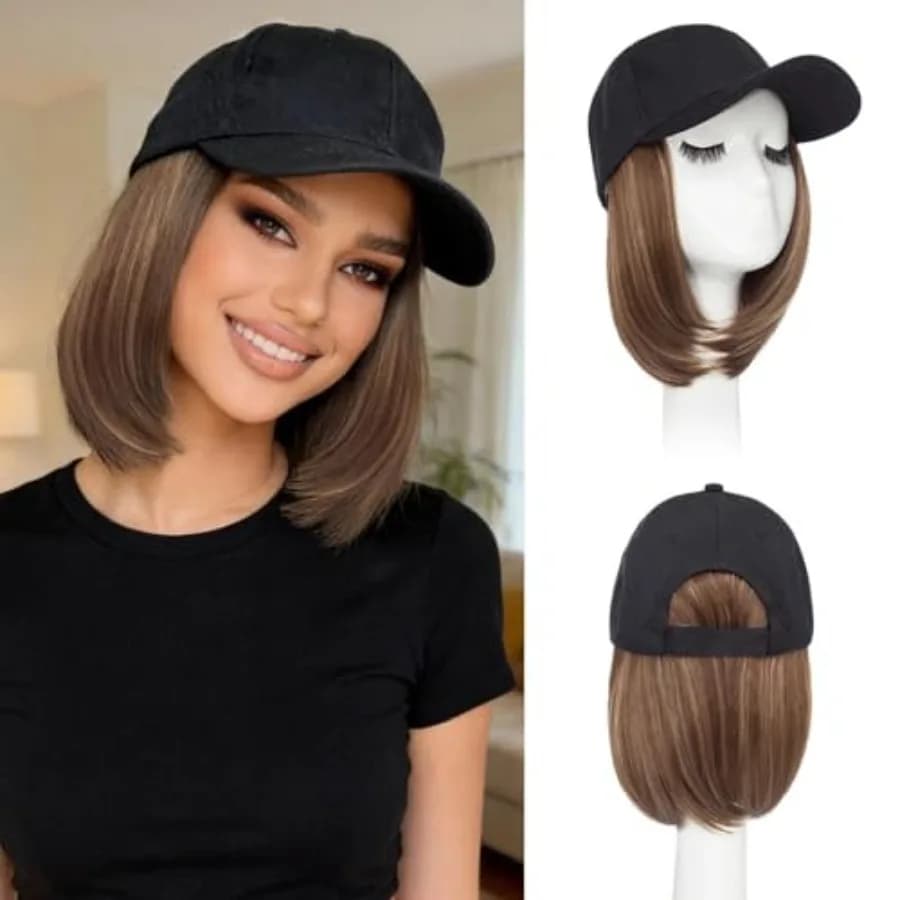 Benehair Hat Wig Extensions, Baseball Cap with Synthetic Hair Attached, Adjustable Wig Hairpieces for Women Daily Outdoor, 6 In