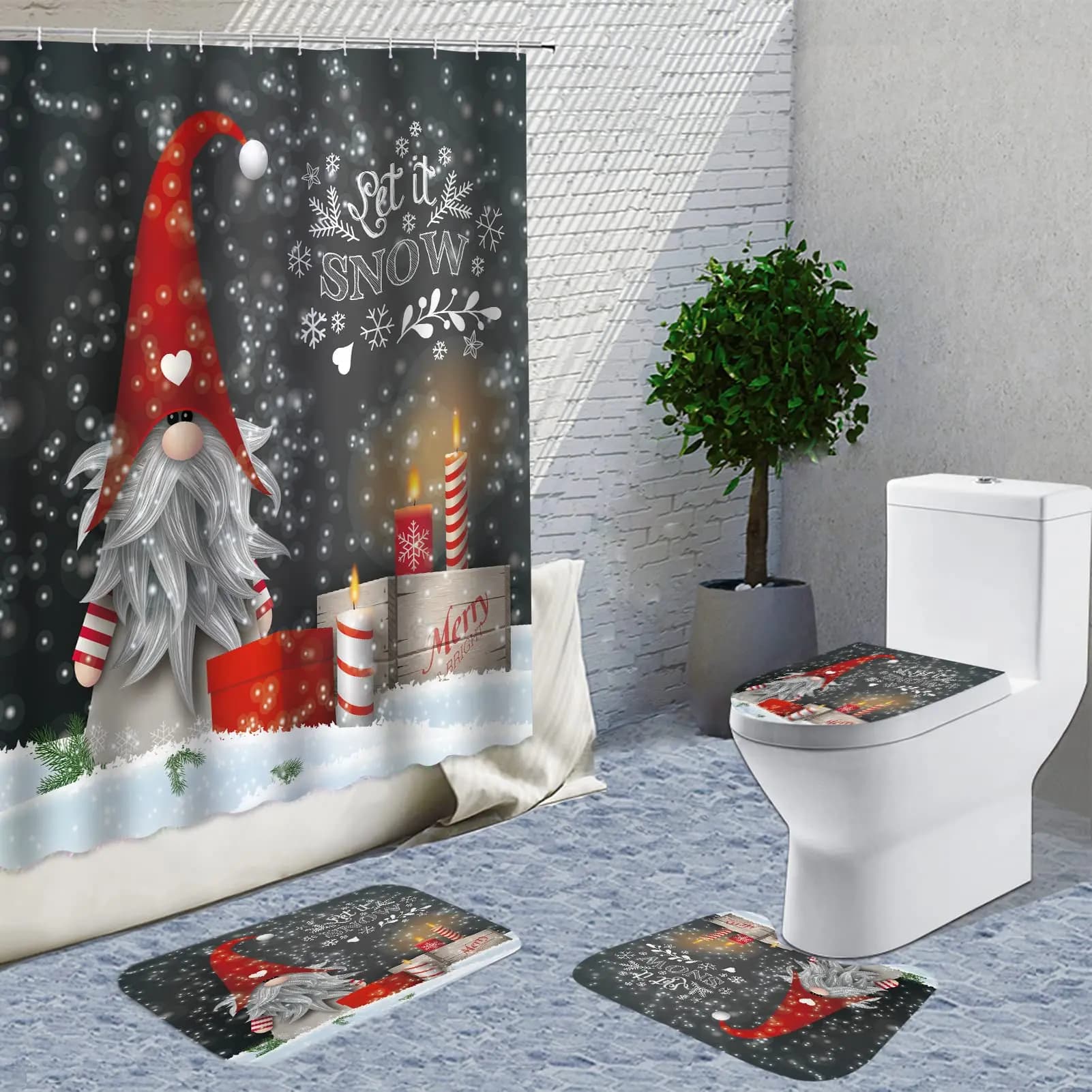 Set di tende da doccia natalizie con tappeti, set di tende da doccia per gnomo per bagno, set da bagno per il giorno del Ringraziamento di Natale, 4 pezzi
