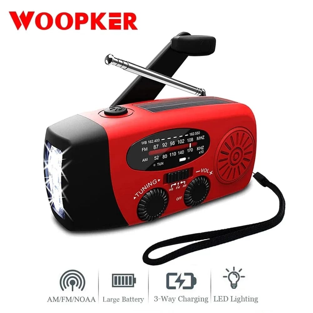 Mini Radio Solare Portatile AM/FM/NOAA con Dinamo, Torcia LED, Impermeabile per Esterni, Radio Multifunzione a Manovella Solare