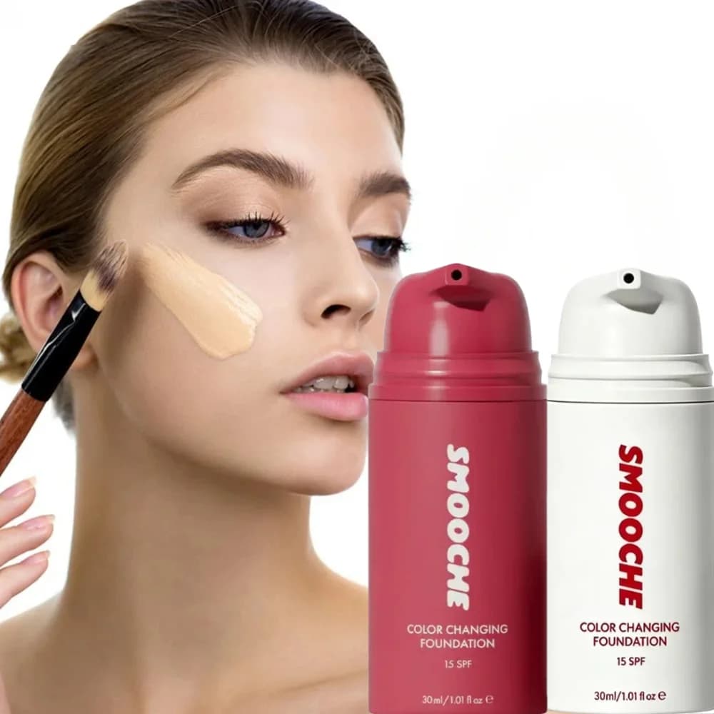 Fondotinta che cambia colore con SPF15, base a lunga tenuta per uniformare il tono della pelle, alta coprenza che nasconde imperfezioni e linee sottili, trucco naturale