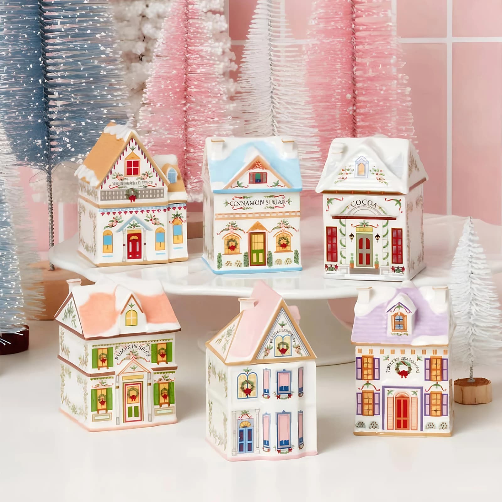 6Pcs Holiday Village Spice House Set Desktop Decoration House Mini Christmas Gingerbread Houses Jars for Xmas Village Home Decor