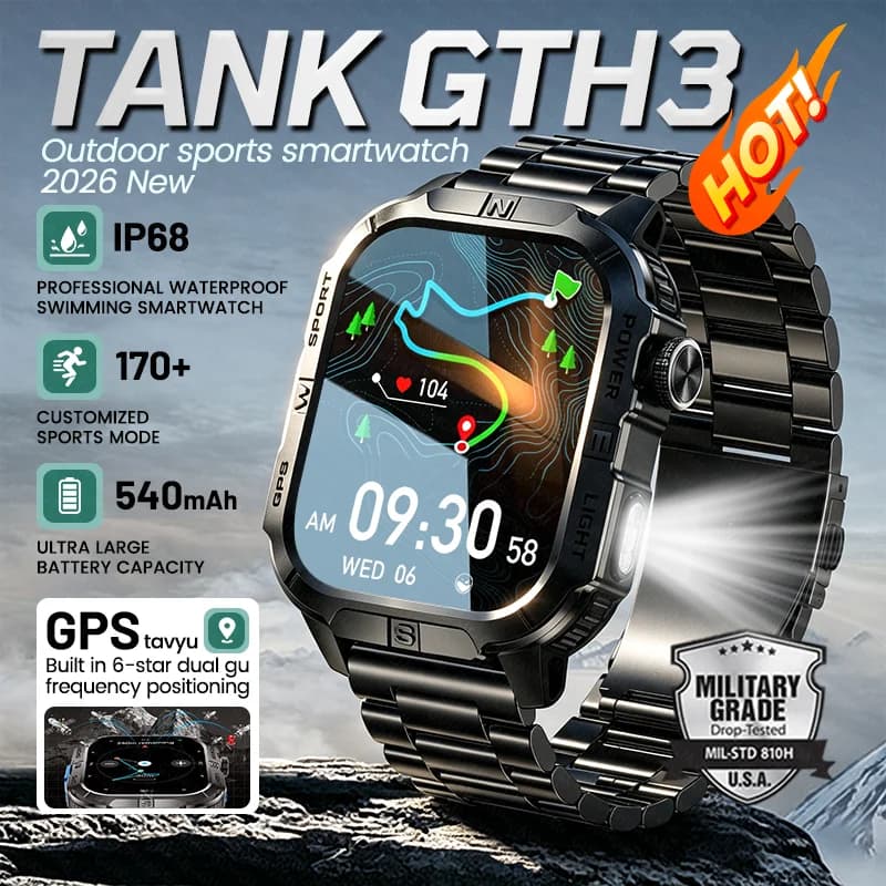 Nuovo Smartwatch Militare da Esterno TANK GTH3 2026 per Uomo con GPS, Bussola, Torcia, Impermeabile IP68, Chiamate Bluetooth, Orologio Sportivo