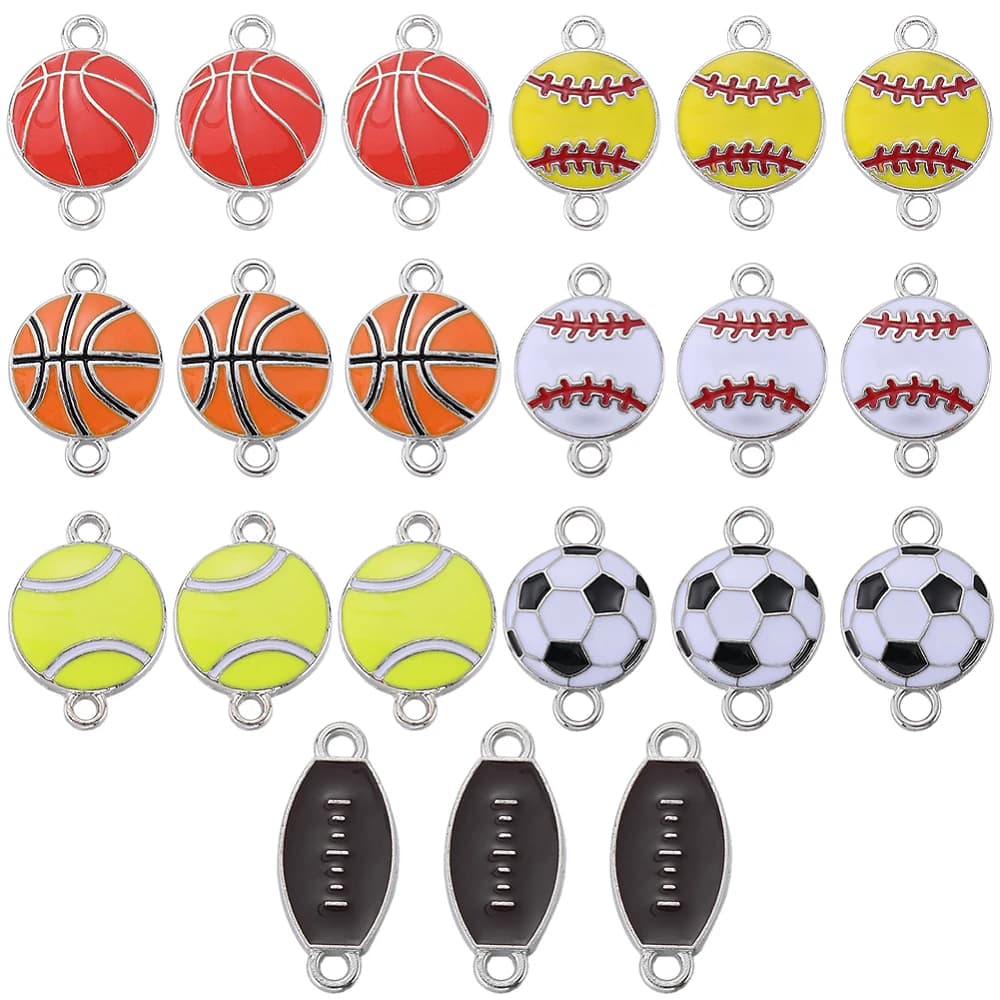 28Pcs Sports Ball Charm Bulk Baseball Charms Sport Enamel Alloy Races Basketball Rugby Football Tennis Connector Link Charm
