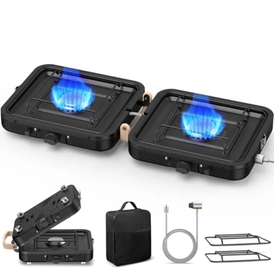 Fornello a Gas Propano 17500 BTU a 2 Fuochi Pieghevole Portatile da Campeggio con Borsa per il Trasporto in Acciaio Inossidabile Nero Durevole Leggero