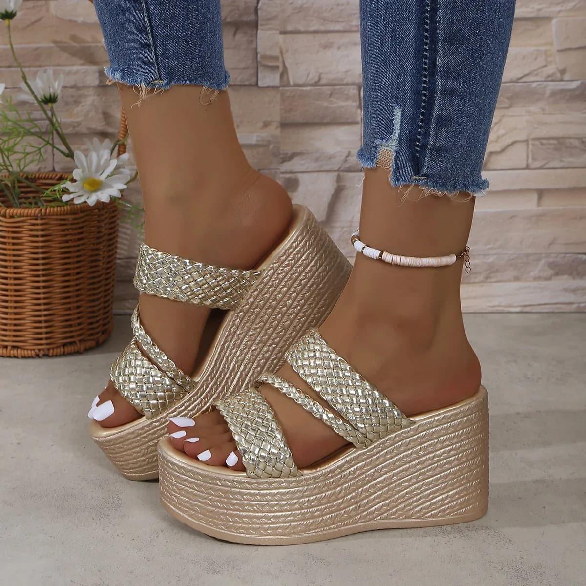 Summer 9cm High Heels Wedge Heels Slippers Weave Women Platform Sandals Clog Shoes Slides Gold Shoes Size 36- 43