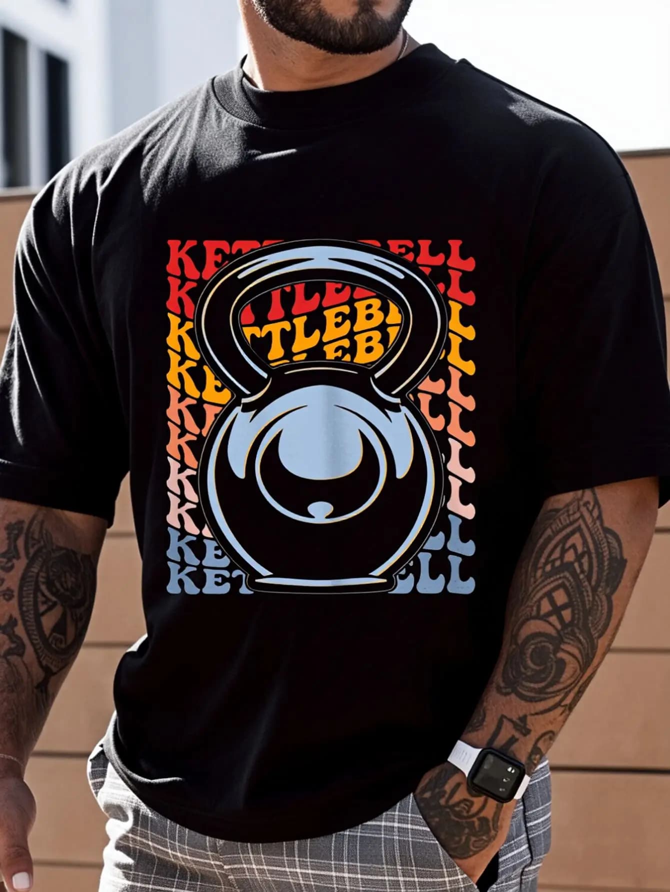 100% Cotton Kettlebell Groovy Lifting Workout T-Shirt Street Hip-Hop Style Men's T-Shirt
