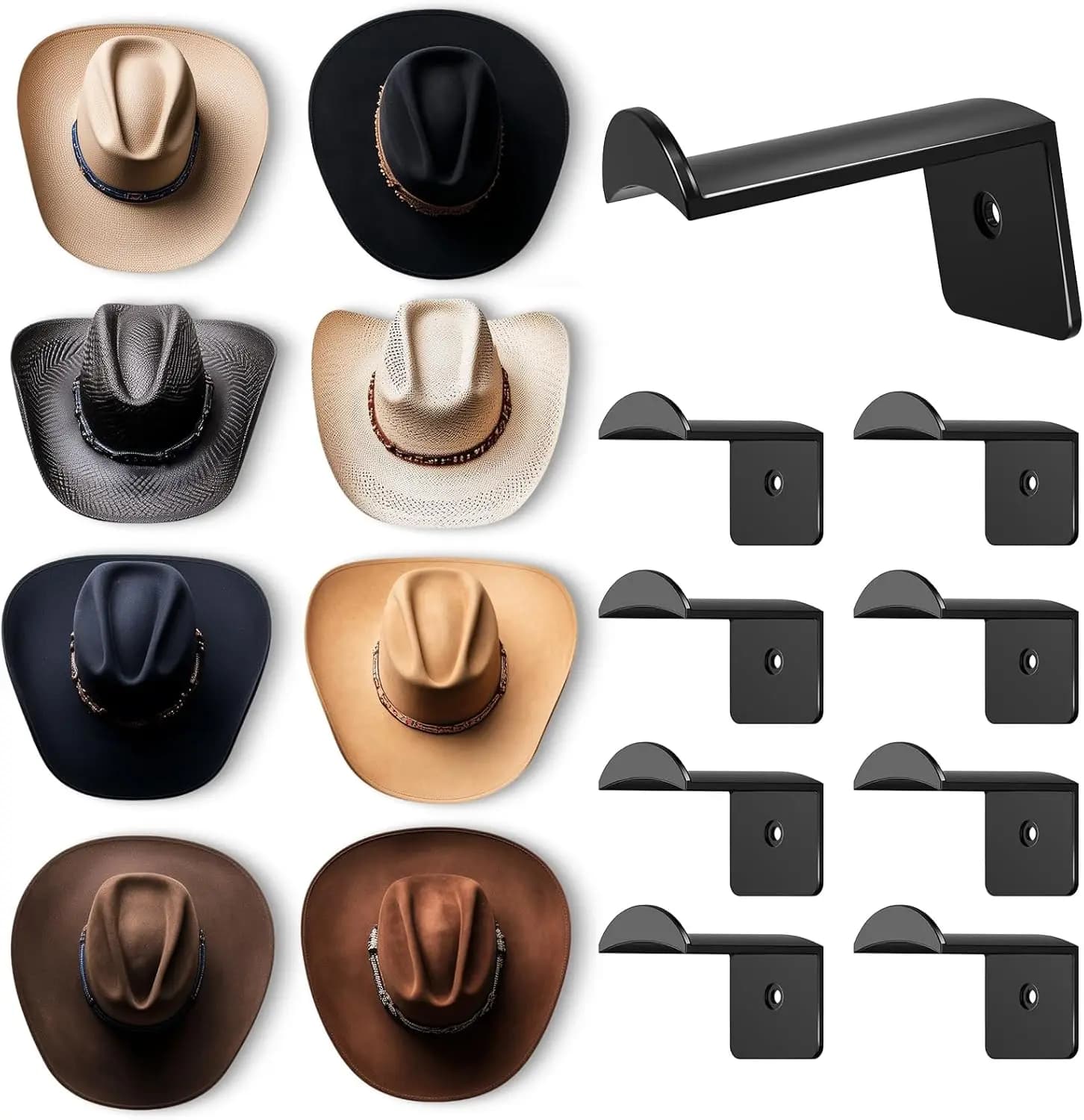 Ganci da parete per cappelli da 2,8 pollici (confezione da 8) - Supporto per cappelli con forte adesivo, organizer per cappellini da baseball, nero