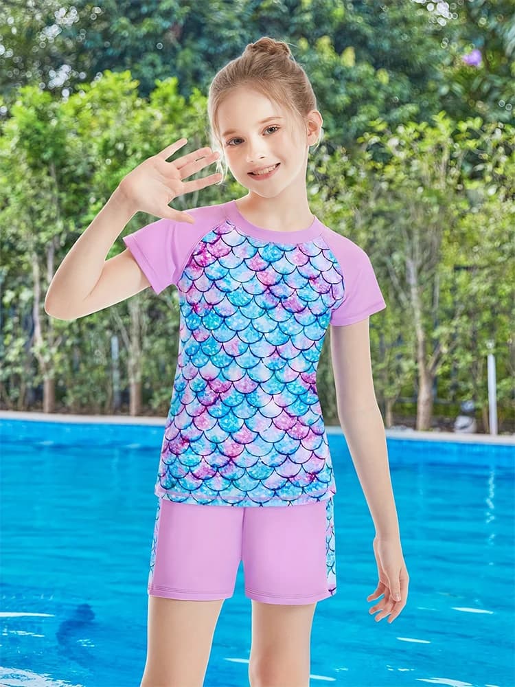 Children Swimsuit Kids Girls Short Sleeves T-shirt+ Shorts Two-piece Set Girl Fish Scale Printing Split Bathing Suit For 3-12Yrs