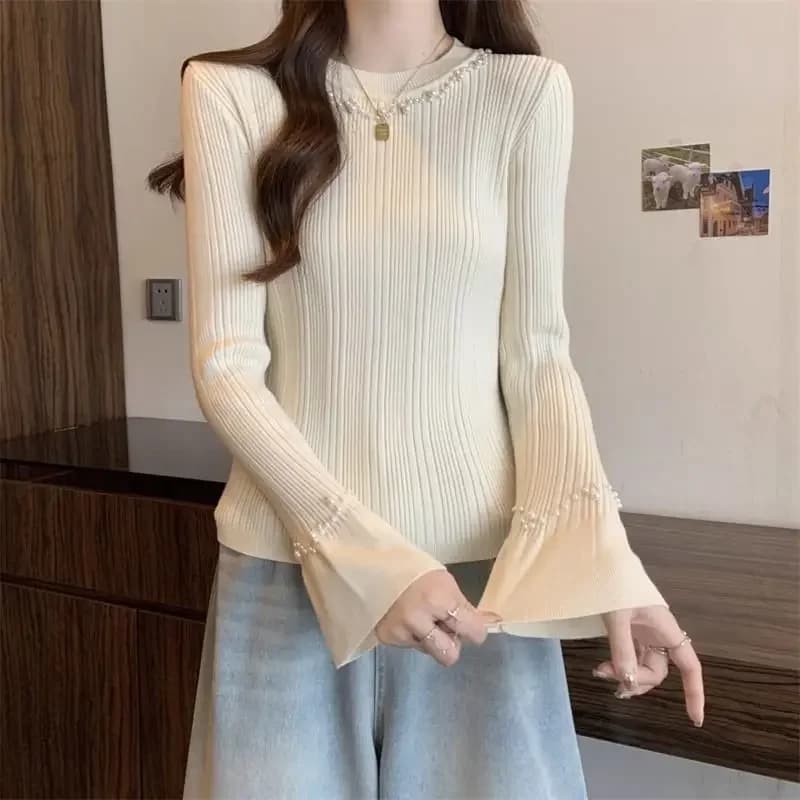 Women Korean Fashion Elegant Chic Beaded Basic Knitted Sweater Spring Autumn Sweet Solid O Neck Long Sleeve Slim Pullover Tops