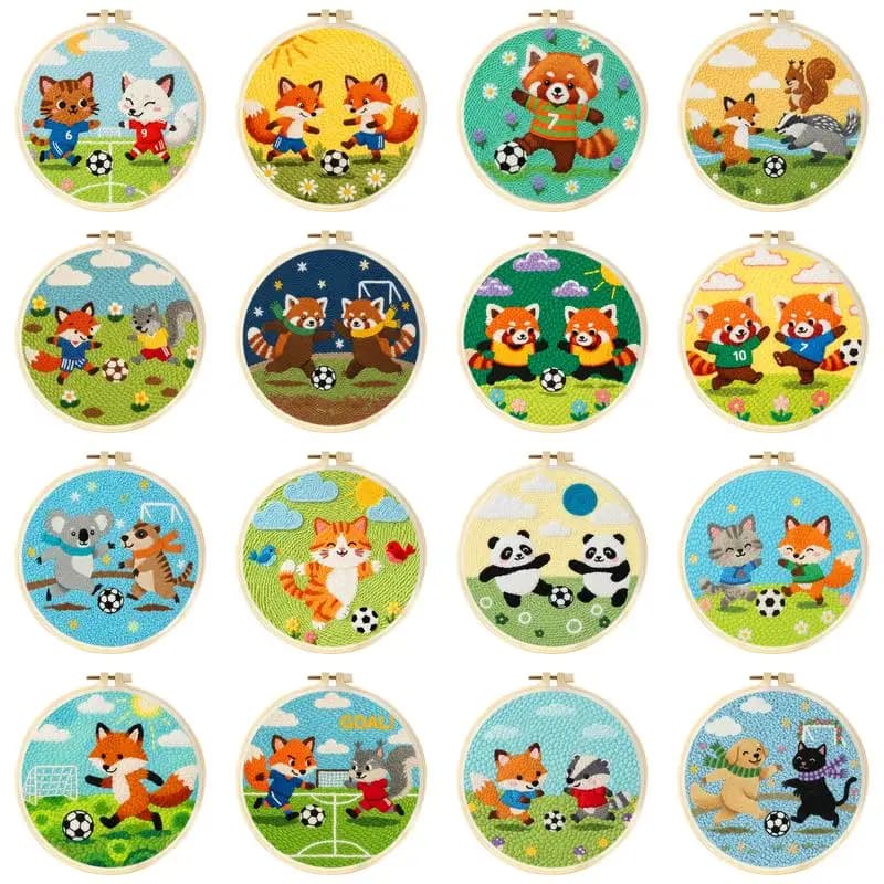 20x20cm Punch Needle Embroidery Starter Kit for Adults Football Animal Sewing Art Craft Punch Embroidery Kits for Home Decor