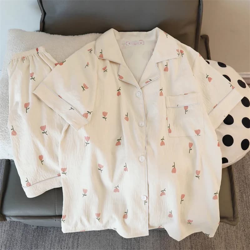 1 Set Soft Floral Print Pajama Set Casual Short Sleeve Button Top & Shorts Faux Cotton Women's Loungewear & Sleepwear Ladies